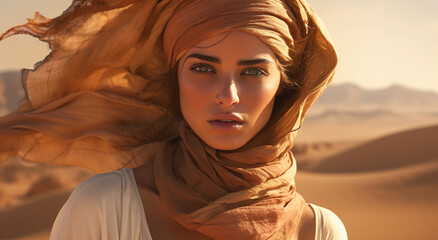 Princess of Persia, desert sands, young attractive girl in traditional in authentic clothing, piercing look,. hijab