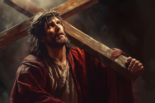 Jesus Christ carries his cross to Golgotha. Bible. Faith. Torment and suffering. Giving his life for our sins. The hard way. Christian symbol of faith. Calvary. God.