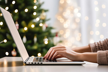 a person typing on a laptop in front of a christmas tree with white lights behind it and a lit green christmas tree