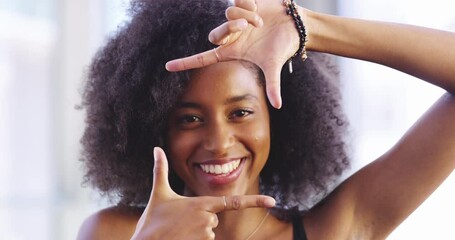 Woman, finger frame and photographer with perspective, happy or portrait with hobby, face or sign. Photography, emoji or profile picture for creative, smile or hands for vision, border or inspiration