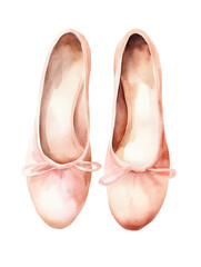 Pink ballet flat shoes isolated on white. Watercolor dance  themed illustration and clipart - obrazy, fototapety, plakaty