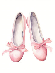 Pink ballet flat shoes isolated on white. Watercolor dance  themed illustration and clipart - obrazy, fototapety, plakaty