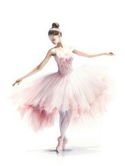 Ballet dancer in a pink tutu dancing elegantly. Watercolor illustration on white. 