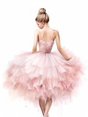 Elegant classical ballet dancer in a pink tutu seen from the back, isolated on white. Watercolor style 