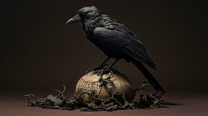 A black bird sitting on top of a skull. Crow. generative ai