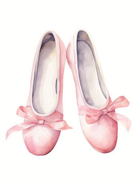 Fototapeta Pink ballet flat shoes isolated on white. Watercolor dance  themed illustration and clipart