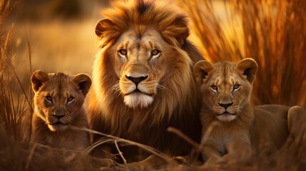 Lion and two lion cubs hanging out on the dry grass at savanna grassland in the evening, father and sons, protecting wildlife concept. generative ai