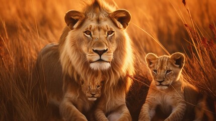 Lion and two lion cubs hanging out on the dry grass at savanna grassland in the evening, father and...