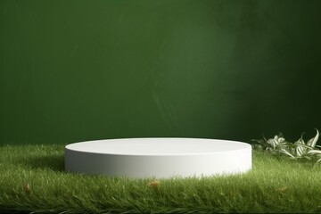 White podium in meadow for product presentation and on dark green wall background.3d rendering. generative ai.