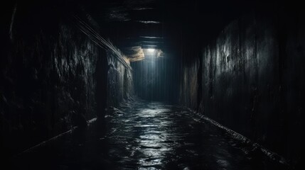 Dark tunnel with a glow on top - obrazy, fototapety, plakaty