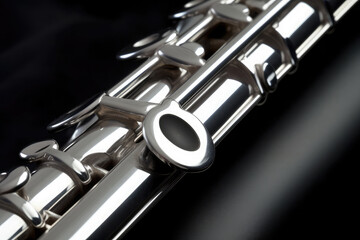 Flute on a black background: detail of the keys. - obrazy, fototapety, plakaty