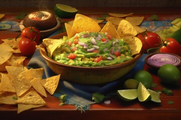 Creamy Guacamole Dip Bowl with Fresh Ingredients and Tortilla Chips