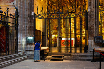 A woman stops to read an informative sign at a small chapel inside the Gothic Barcelona Cathedral in Barcelona Spain.