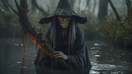 Swamp witch black avatar bog witch photography image AI generated art - obrazy, fototapety, plakaty
