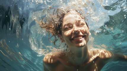 Young happy woman swimming in the water - obrazy, fototapety, plakaty