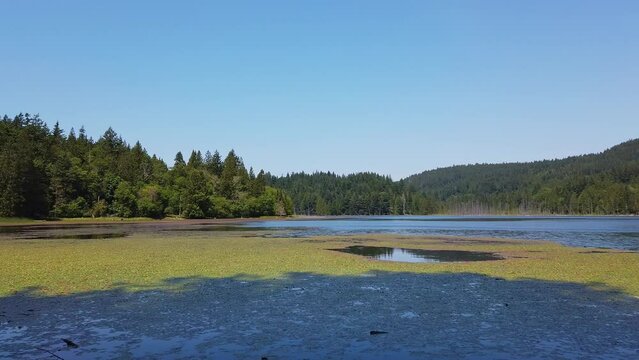 Pan left Killarney Lake in sunny day. Killarney Lake is a scenic spot in Crippen Regional Park on Bowen Island, British Columbia, Canada.