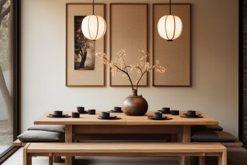 Dining room interior with natural wooden table in trendy minimal japandi style
