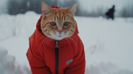 Fototapeta premium The cat stands on the pure white snow wearing Ai generated art