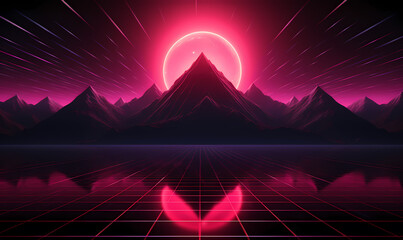 synthwave laser massive moon over mountain horizon with water reflection background