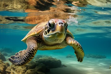Fototapeta premium green sea turtle swimming near beautiful coral reef, under water sea turtles close up. Generative AI