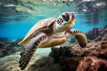 Obraz premium green sea turtle swimming near beautiful coral reef, under water sea turtles close up. Generative AI