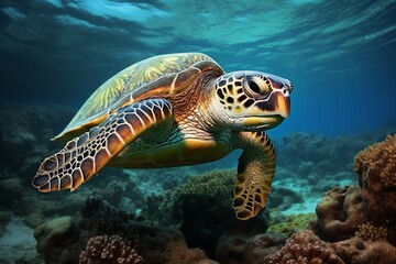 Fototapeta premium green sea turtle swimming near beautiful coral reef, under water sea turtles close up. Generative AI