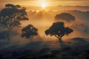 Silhouette Sunrise Over A Beautiful Fog Laden Valley  Generative AI