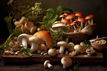 Assortment of Fresh Mushrooms - Cremini, Shiitake, Oyster on Wooden Cutting Board in Rustic Basket
