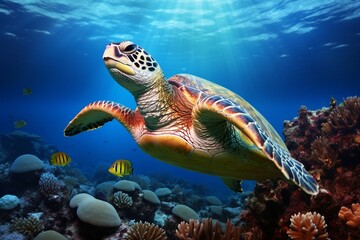 Obraz na płótnie Canvas green sea turtle swimming near beautiful coral reef, under water sea turtles close up. Generative AI