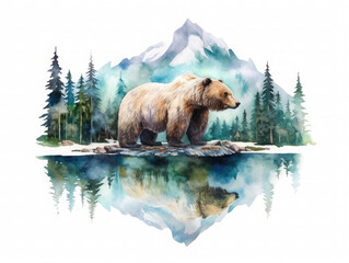 Alaska watercolor illustration. Brown bear near a mountain lake surrounded by the forest. 