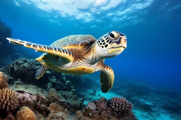 Fototapeta premium green sea turtle swimming near beautiful coral reef, under water sea turtles close up. Generative AI