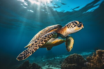 Obraz premium green sea turtle swimming near beautiful coral reef, under water sea turtles close up. Generative AI