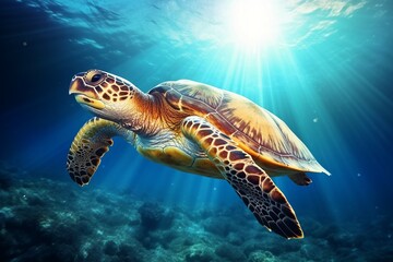 Fototapeta premium green sea turtle swimming near beautiful coral reef, under water sea turtles close up. Generative AI