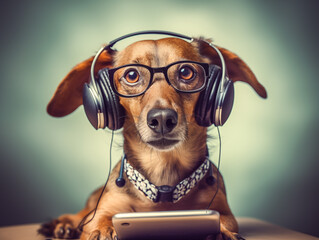 Cute funny dachshund wearing glasses, wearing headphones, with a phone, listening to music.