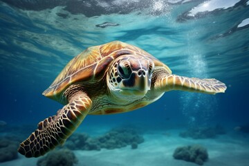 green sea turtle swimming near beautiful coral reef, under water sea turtles close up. Generative AI