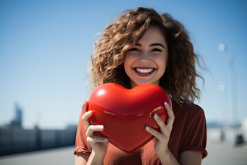 a woman holding a red heart in front of her face and smiling at the camera with buildings in the background