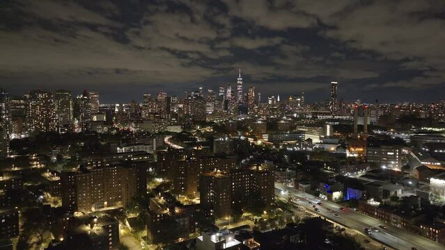 Aerial view of The New York City skyline after dark