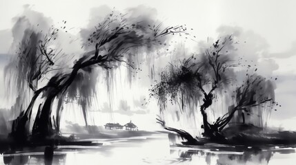 Traditional chinese Ink painting willow oil painting wallpaper image AI generated art - obrazy, fototapety, plakaty
