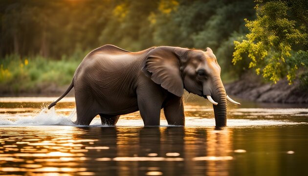 elefante cruzando un rio de la selva.