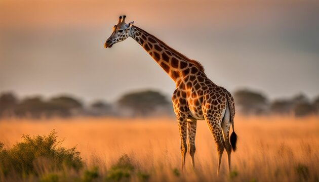 Jirafa en el pastizal natural en un atardecer de la sabana africana.