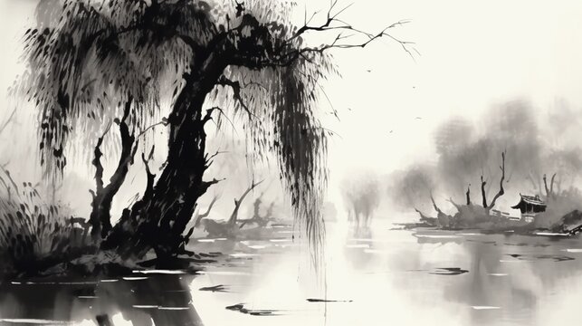 Traditional chinese Ink painting willow oil painting wallpaper image AI generated art
