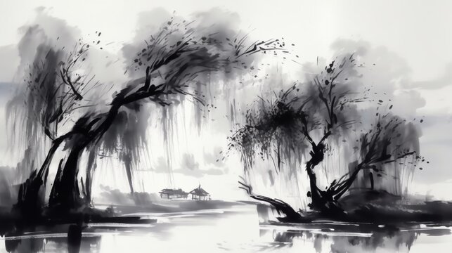 Traditional chinese Ink painting willow oil painting wallpaper image AI generated art
