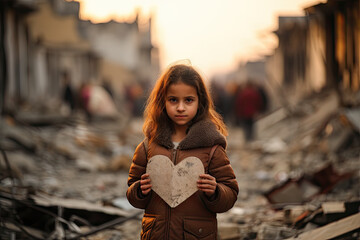 a little girl holding a paper heart in the middle of an urban slum with buildings and debris all around her