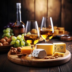 Fototapeta premium A glass of red wine, an alcoholic beverage with cold appetizers, biscuits, croutons and cheese. Suitable for decorating café and restaurant menus, promotions and food serving.