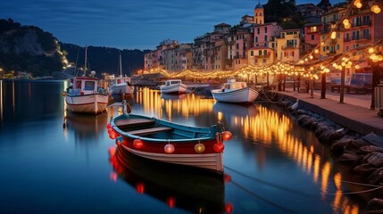 Fototapeta na wymiar Mystic landscape of the harbor with colorful houses and the boats in Porto Venero, Italy, Liguria in the evening in the light of lanterns. generative ai 