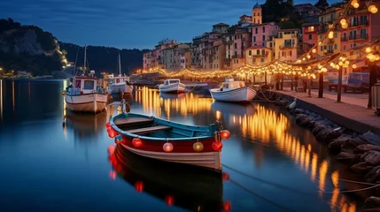 Foto auf Acrylglas Mystic landscape of the harbor with colorful houses and the boats in Porto Venero, Italy, Liguria in the evening in the light of lanterns. generative ai  © sania