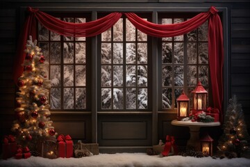 Cristmas backdrop with xmas tree, gifts and lights
