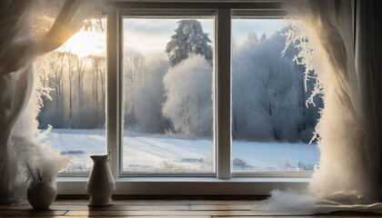 Cold winter morning, window covered in frost