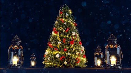 3D render of Decorated Christmas tree on blurred blue background. new year concept
