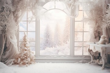 Beautiful white christmas aesthetic background. Decorated interior of the house